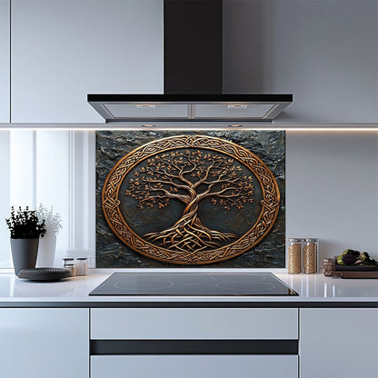 Celtic Tree of Life Glass Backsplash – Bronze Kitchen Backsplash for Stove