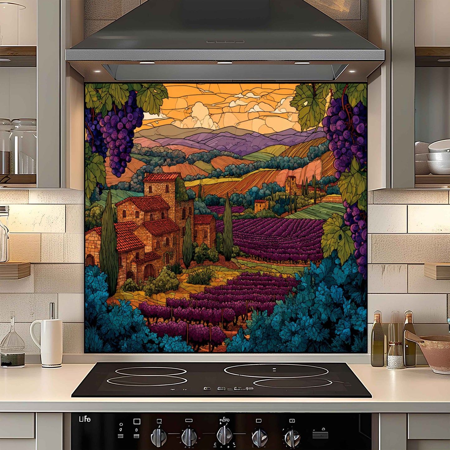 Tempered Glass Backsplash for Kitchen | Tuscan Vineyard & Sunset Countryside Scene