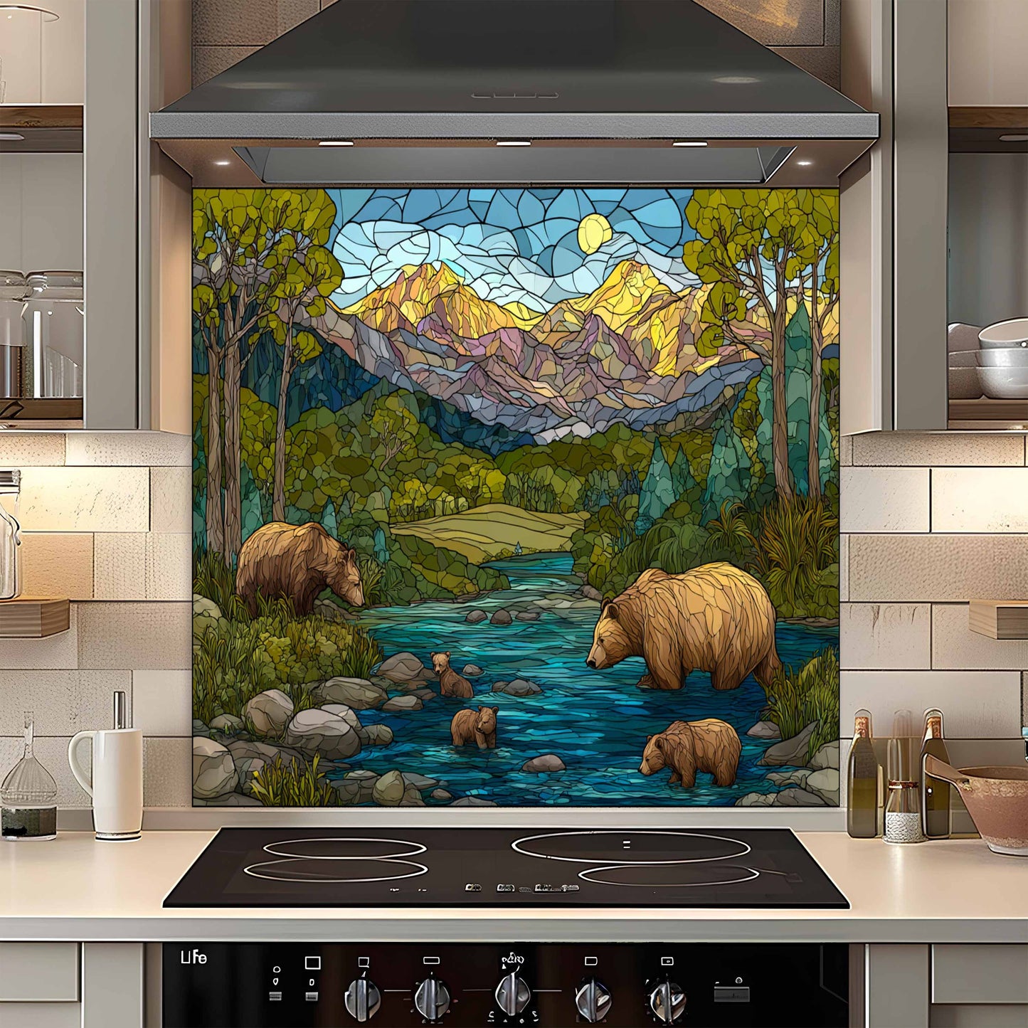 Stained Glass Look Golden Summit – Tempered Glass Backsplash For Rustic Homes
