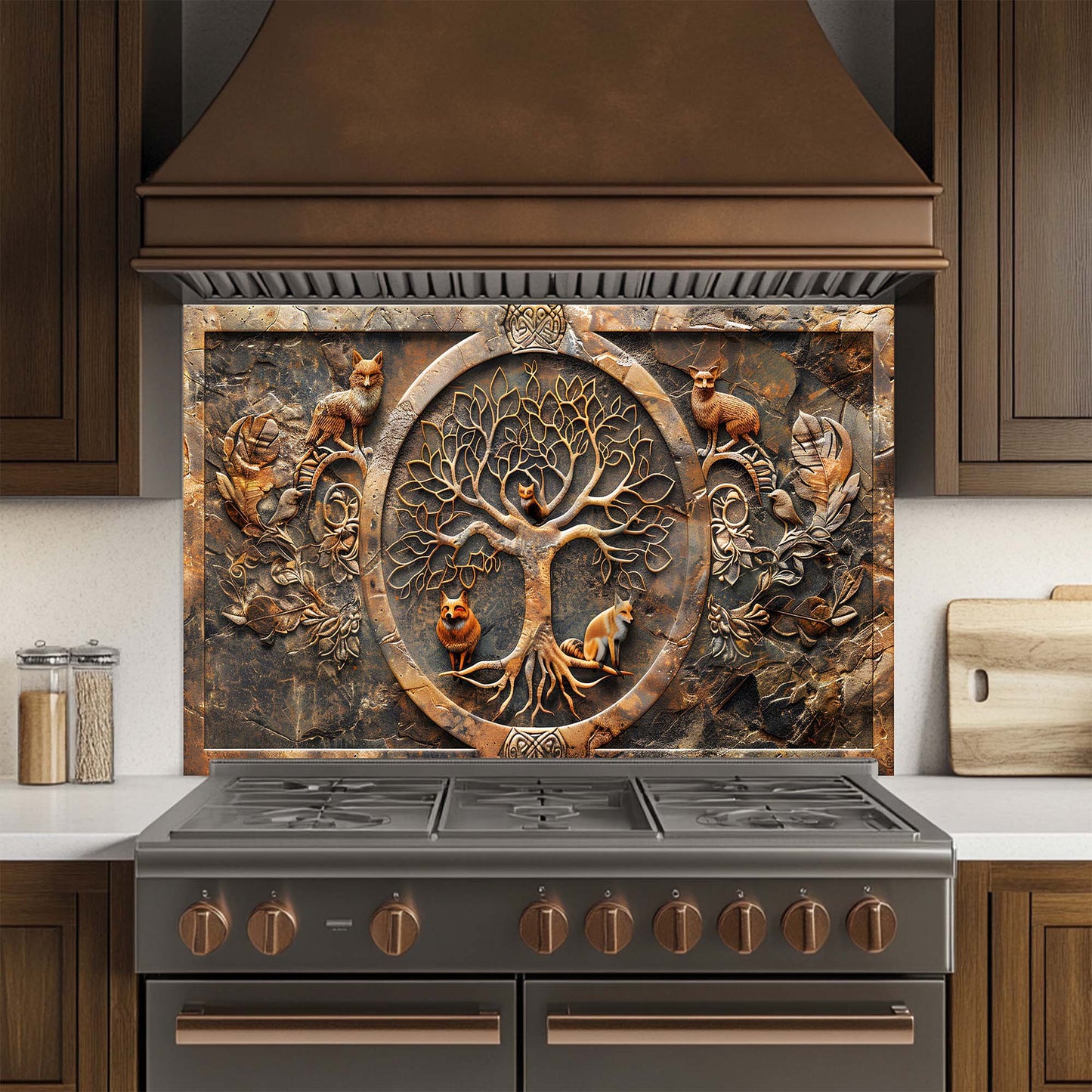 Fox Wisdom Tree – Tempered Glass Backsplash | Tree of Life with Forest Animals Backsplash
