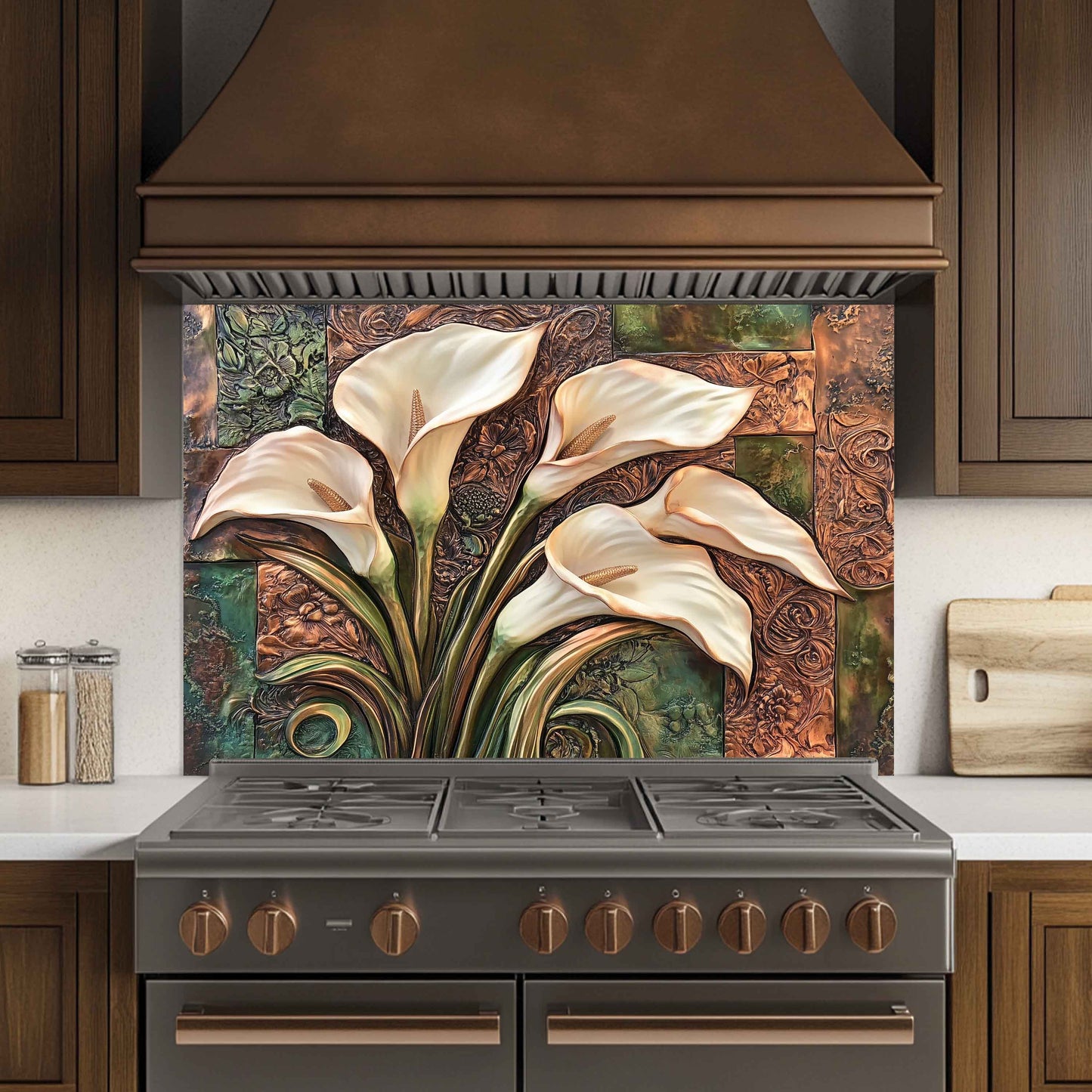Tempered Glass Kitchen Backsplash With Bronze Calla Bloom Design