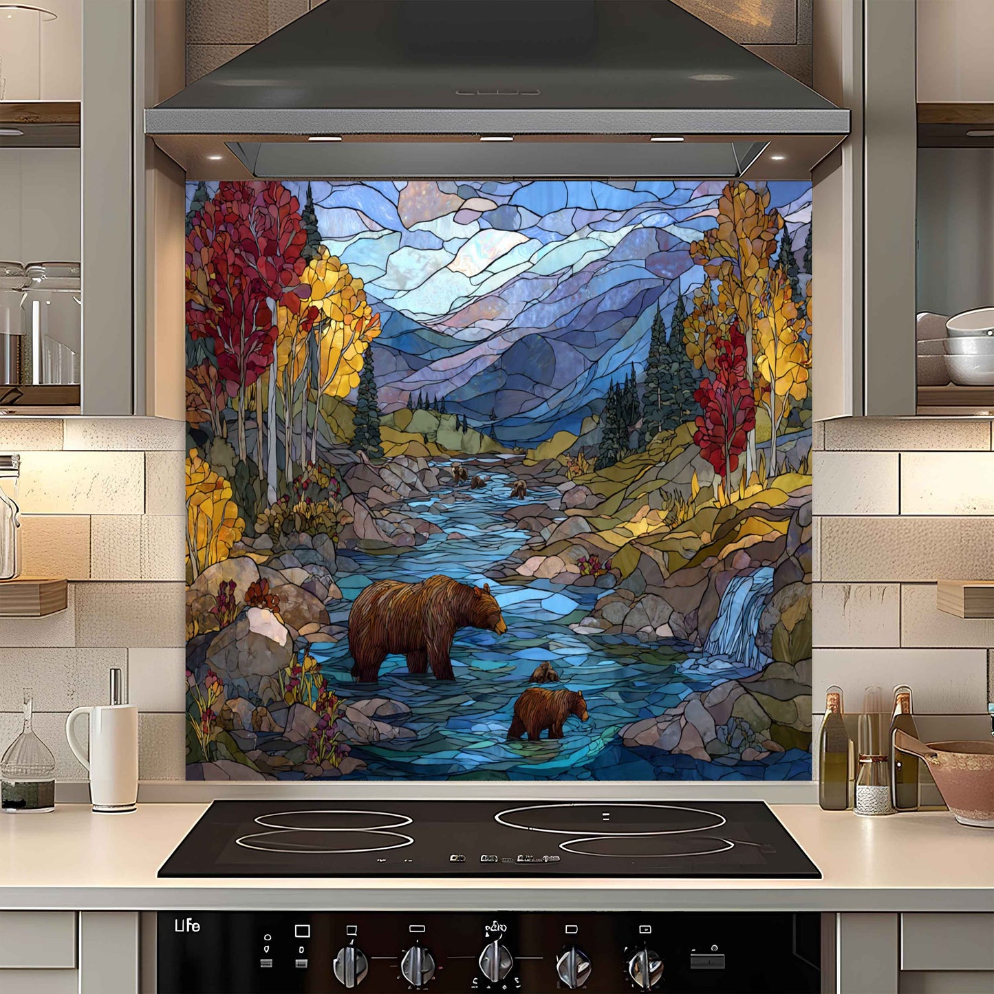Autumn River – Tempered Glass Backsplash With Bear Family And Fall Trees