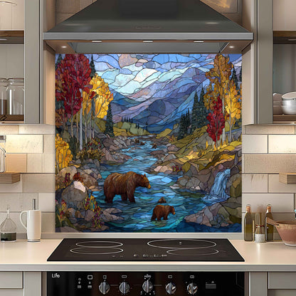 Autumn River – Tempered Glass Backsplash With Bear Family And Fall Trees