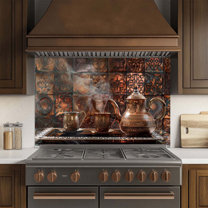 Copper Coffee Ritual – Tempered Glass Backsplash | Turkish Coffee Set Kitchen Backsplash