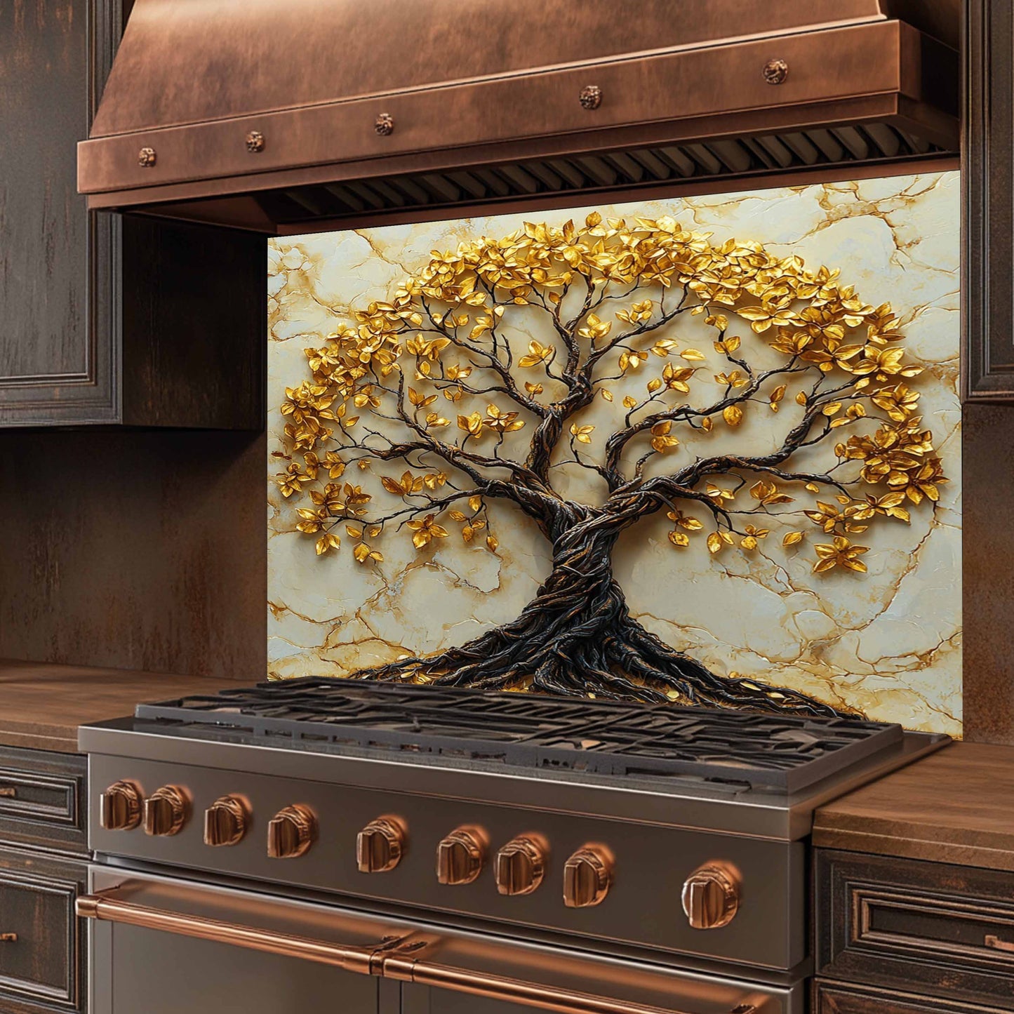 Tempered Glass Backsplash – Gold Marble Tree Kitchen Backsplash