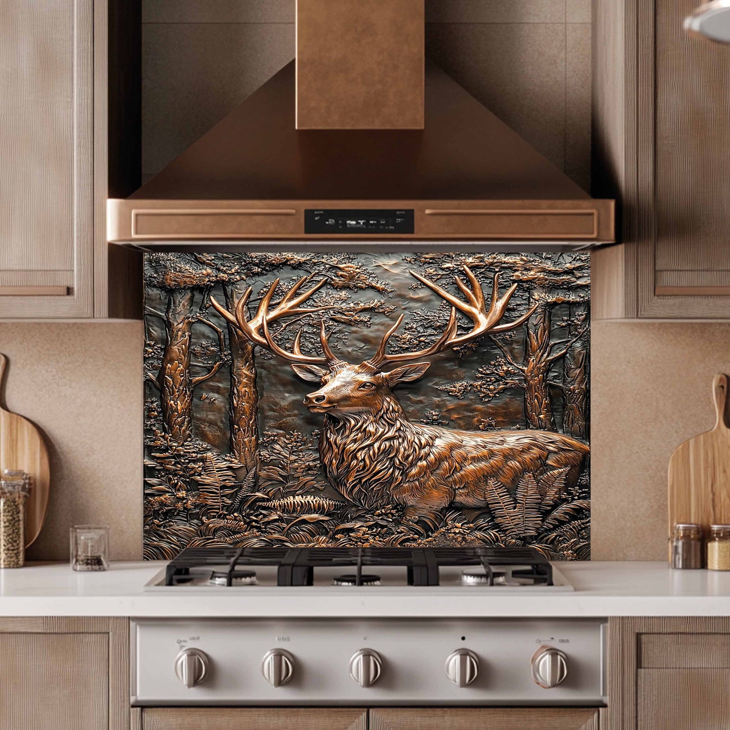 Copper Look Deer Tempered Glass Backsplash – Kitchen Backsplash for Farmhouse, Lodge and Cabin