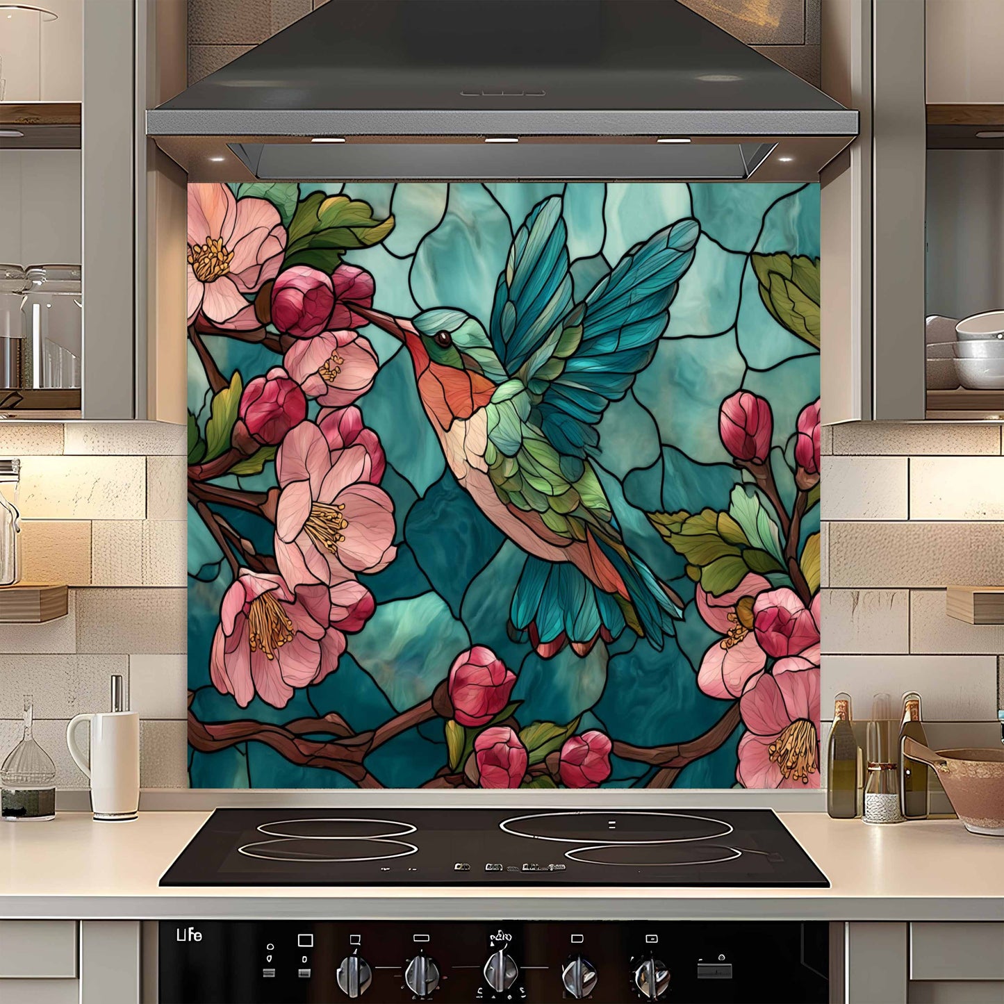 Blossom Nectar – Tempered Glass Kitchen Backsplash with Hummingbird