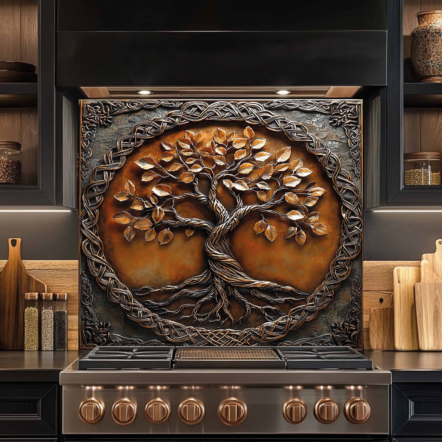 Copper Look Tree Glass Backsplash – Kitchen Backsplash for Stove & Sink