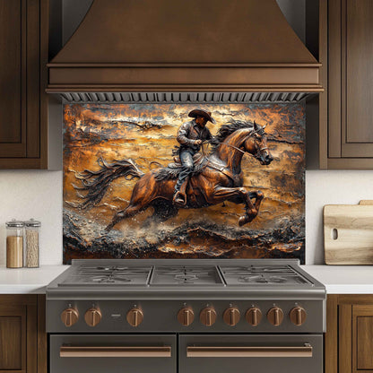 Tempered Glass Backsplash for Kitchen | Copper-Look Cowboy Galloping in Desert