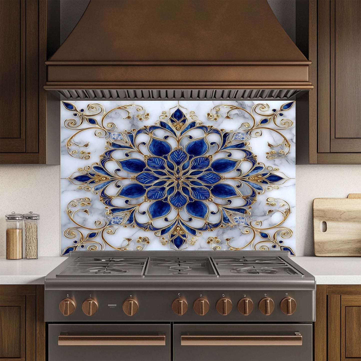 Majestic Sapphire – Tempered Glass Backsplash for Kitchen – Blue & Gold Mandala Splashback