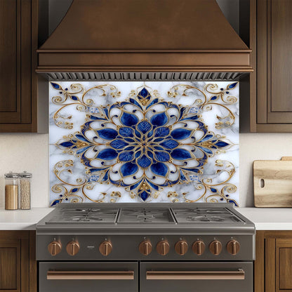 Majestic Sapphire – Tempered Glass Backsplash for Kitchen – Blue & Gold Mandala Splashback