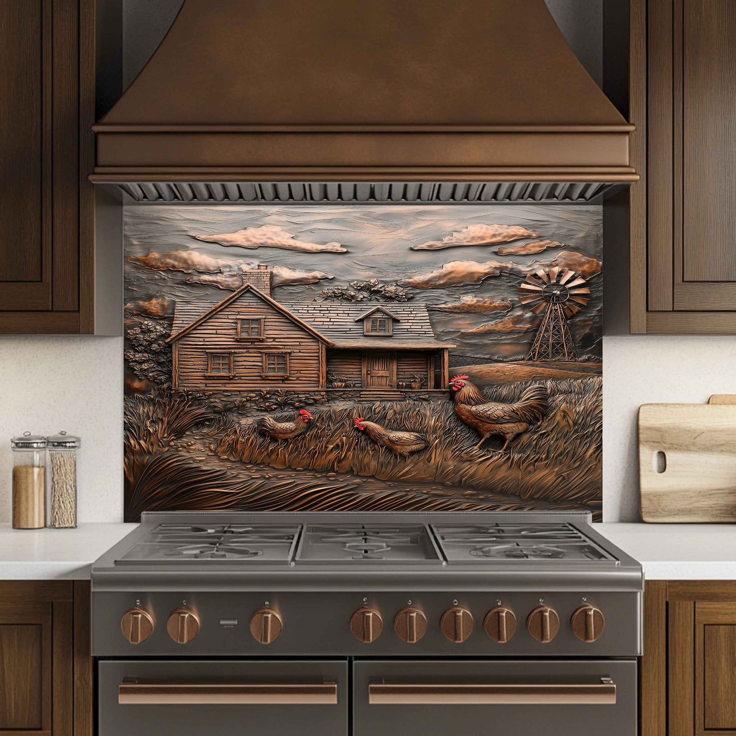 Copper Look Tempered Glass Backsplash for Kitchen | Rustic Cabin, Rooster & Windmill Design