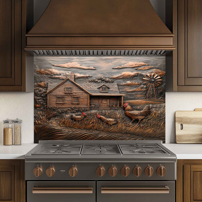Copper Look Tempered Glass Backsplash for Kitchen | Rustic Cabin, Rooster & Windmill Design