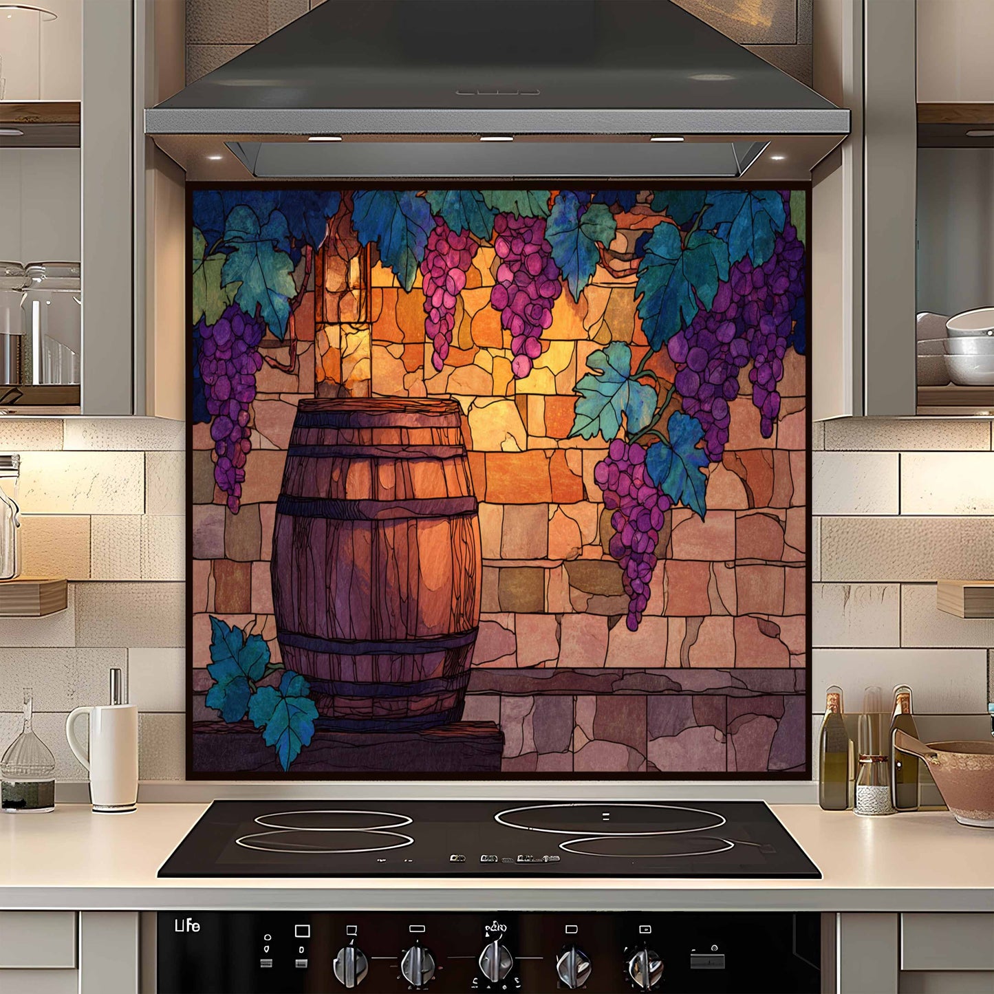 Tempered Glass Backsplash for Kitchen | Rustic Wine Barrel & Vineyard Grape Design