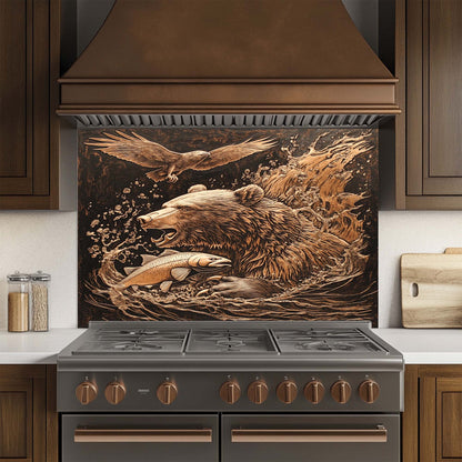 Wild Hunt – Tempered Glass Backsplash for Kitchen Stove | Bear Catching Fish in River Scene