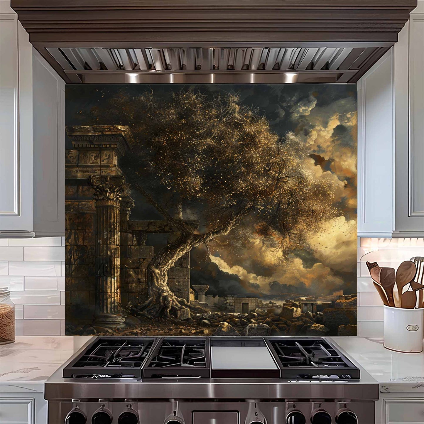 Eternal Ruins Tempered Glass Backsplash – Kitchen Backsplash for Stove