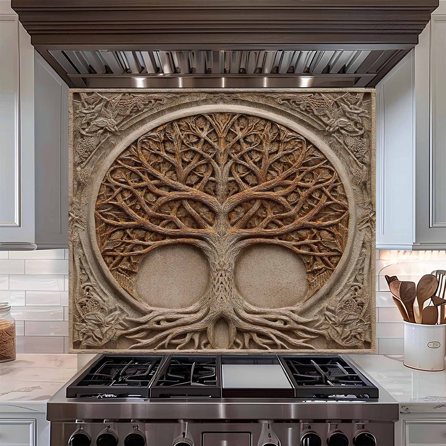 Sacred Web Kitchen Backsplash –  Tree of Life Glass Backsplash for Stove