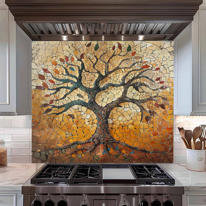 Rustic Tempered Glass Backsplash – Autumn Mosaic Tree of Life Kitchen Backsplash