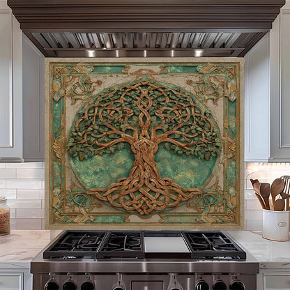 Verdant Weave Tempered Glass Backsplash – Tree of Life Kitchen Backsplash