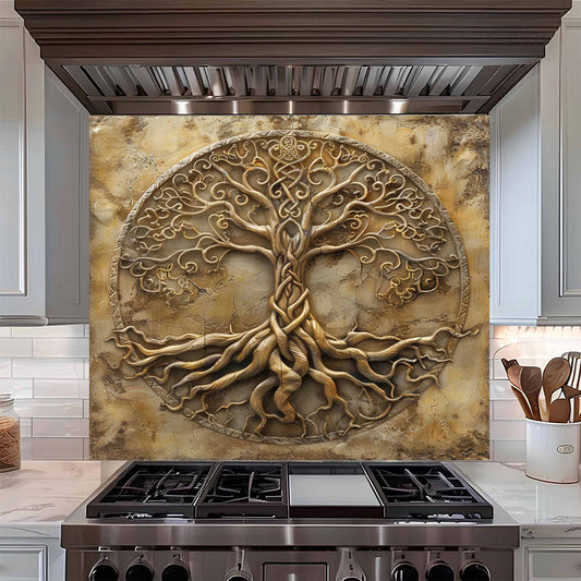 Golden Root Tempered Glass Backsplash – Tree of Life Kitchen Backsplash