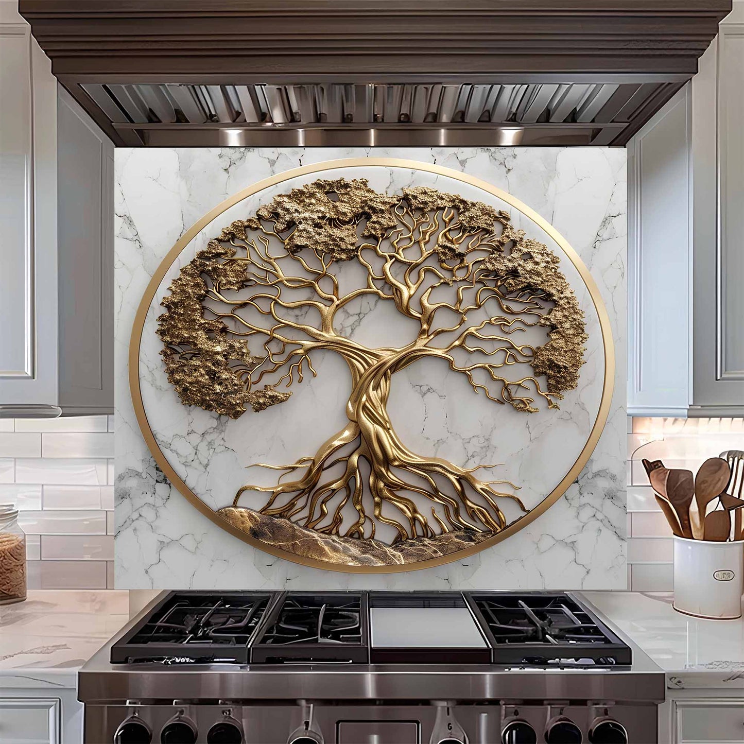 Golden Marble Tree Kitchen Backsplash – Tempered Glass Backsplash for Stove
