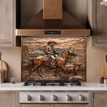 Desert Trail – Tempered Glass Backsplash with Cowboy and Dog | Western Backsplash