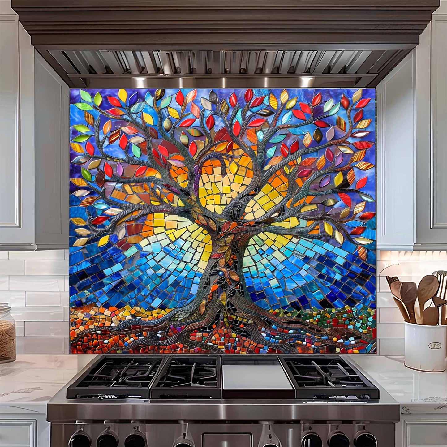 Mosaic Sunrise Tree Tempered Glass Backsplash – Kitchen Stove Backsplash