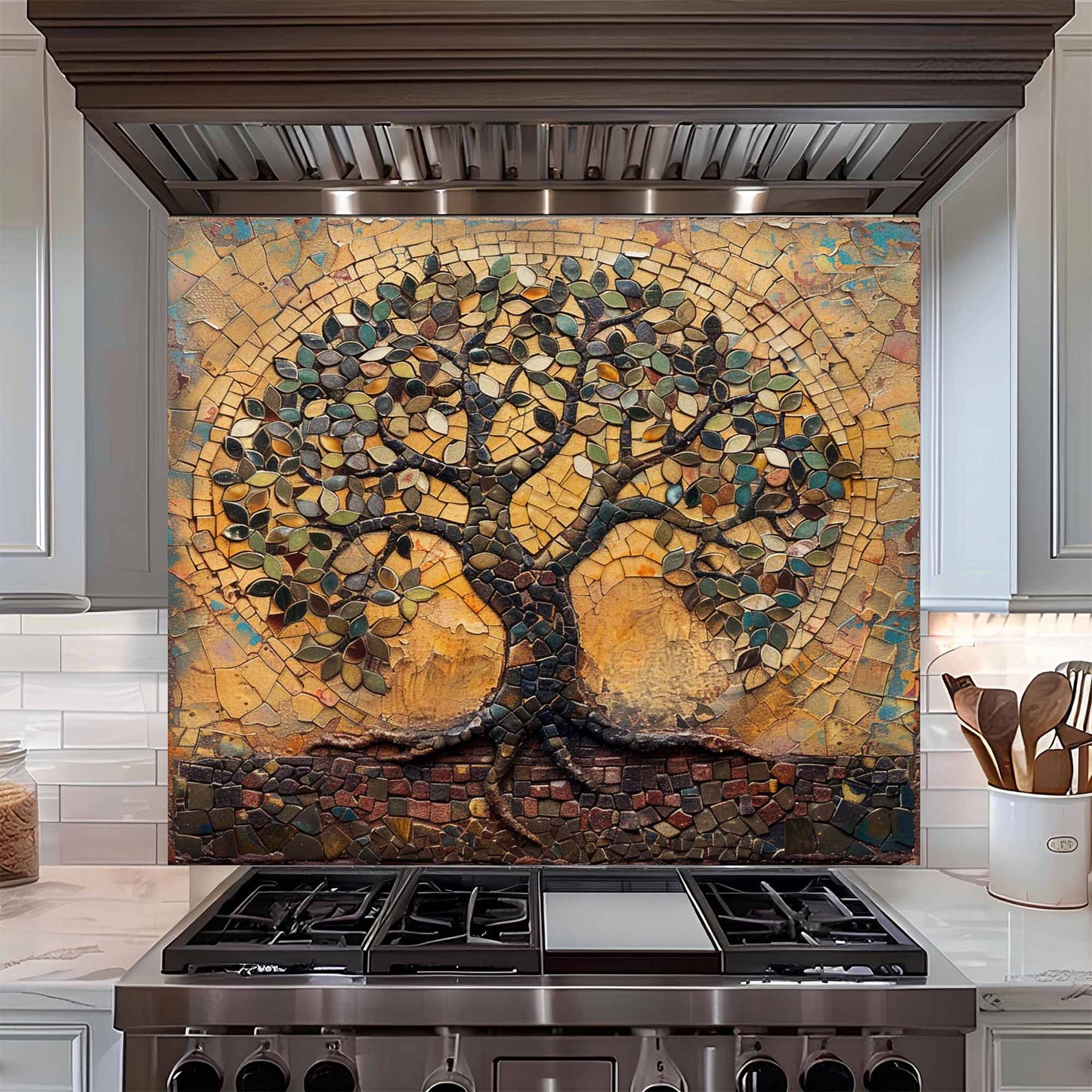 Rustic Mosaic Kitchen Backsplash – Mediterranean Tree of Life Glass Backsplash