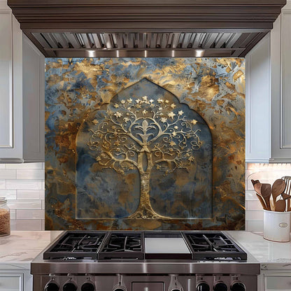 Golden Bloom Tempered Glass Backsplash – Tree of Life Kitchen Backsplash