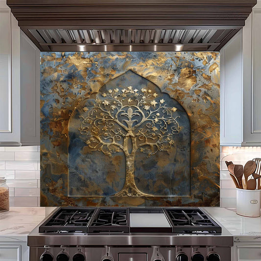 Golden Bloom Tempered Glass Backsplash – Tree of Life Kitchen Backsplash