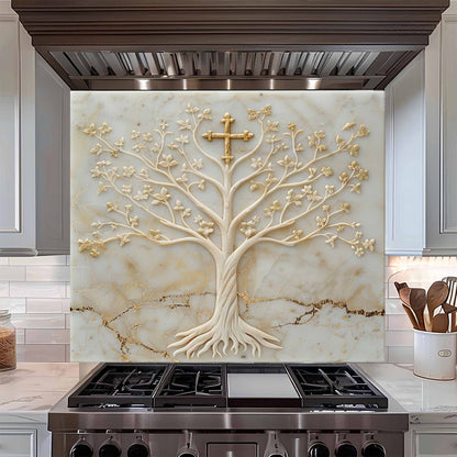 Divine Ivory Tempered Glass Backsplash – Gold Cross Tree of Life Kitchen Backsplash