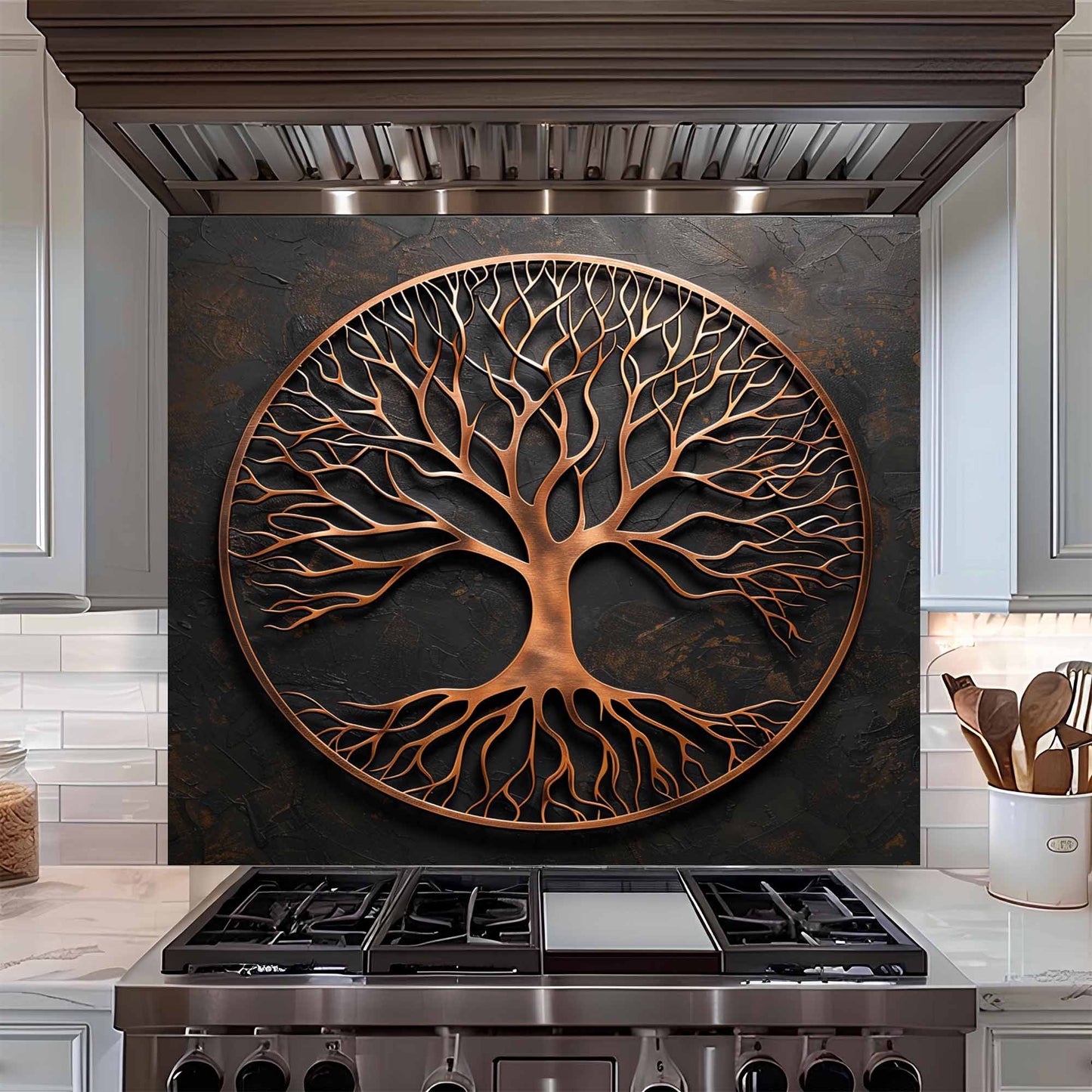 Brushed Roots Tempered Glass Backsplash – Copper Look Tree of Life Kitchen Backsplash