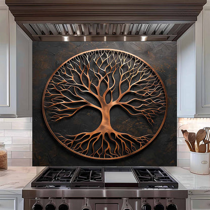 Brushed Roots Tempered Glass Backsplash – Copper Look Tree of Life Kitchen Backsplash