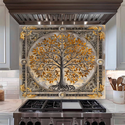 Gilded Harmony Tree of Life Kitchen Backsplash – Tempered Glass Backsplash for Stove
