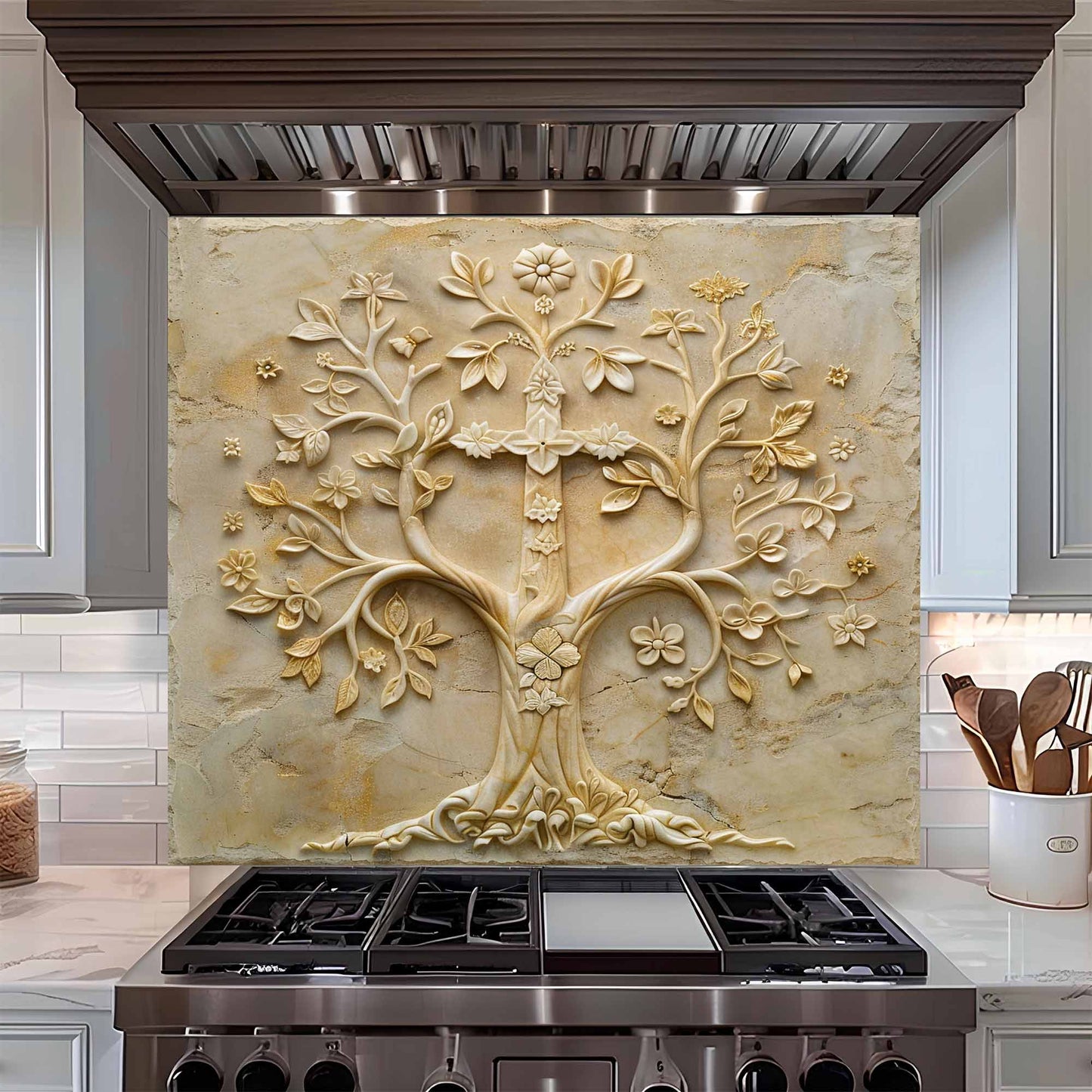 Floral Grace Tempered Glass Backsplash – Tree of Life Kitchen Backsplash for Stove