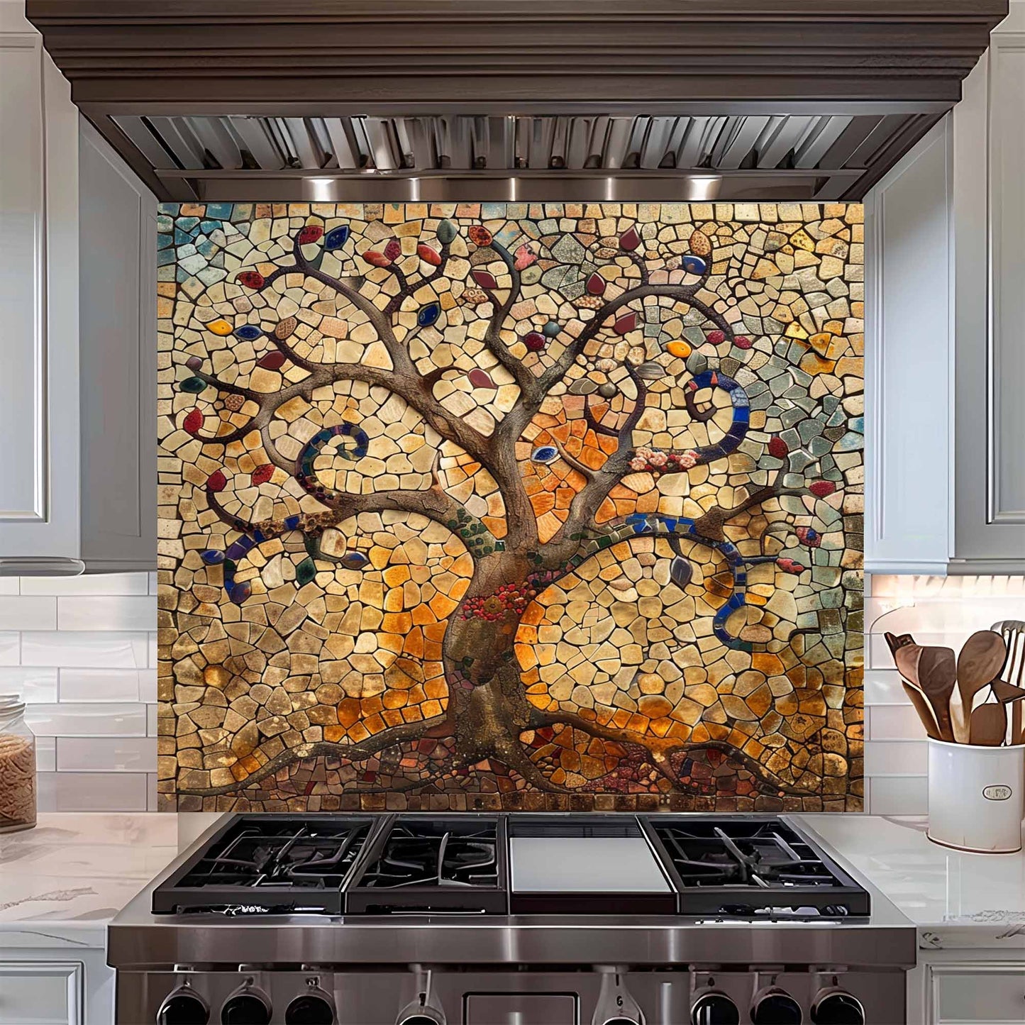 Tempered Glass Kitchen Backsplash – Mosaic Tree of Life Panel for Rustic & Artistic Kitchens