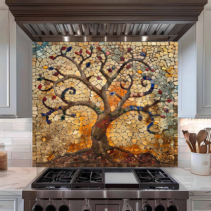 Tempered Glass Kitchen Backsplash – Mosaic Tree of Life Panel for Rustic & Artistic Kitchens