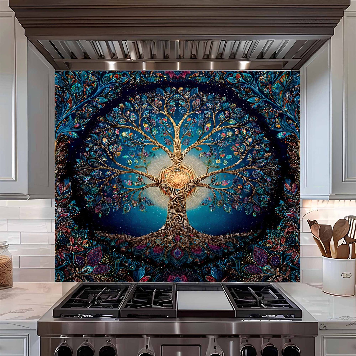 Celestial Bloom Tree Tempered Glass Backsplash – Back Splashes for Kitchen