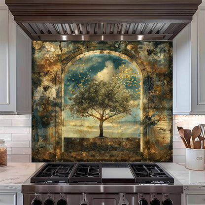 Golden Silence Tempered Glass Backsplash – Tree of Life Kitchen Backsplash