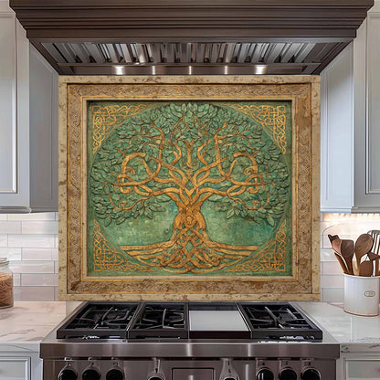 Emerald Gold Tree Tempered Glass Backsplash – Tree of Life Kitchen Backsplash