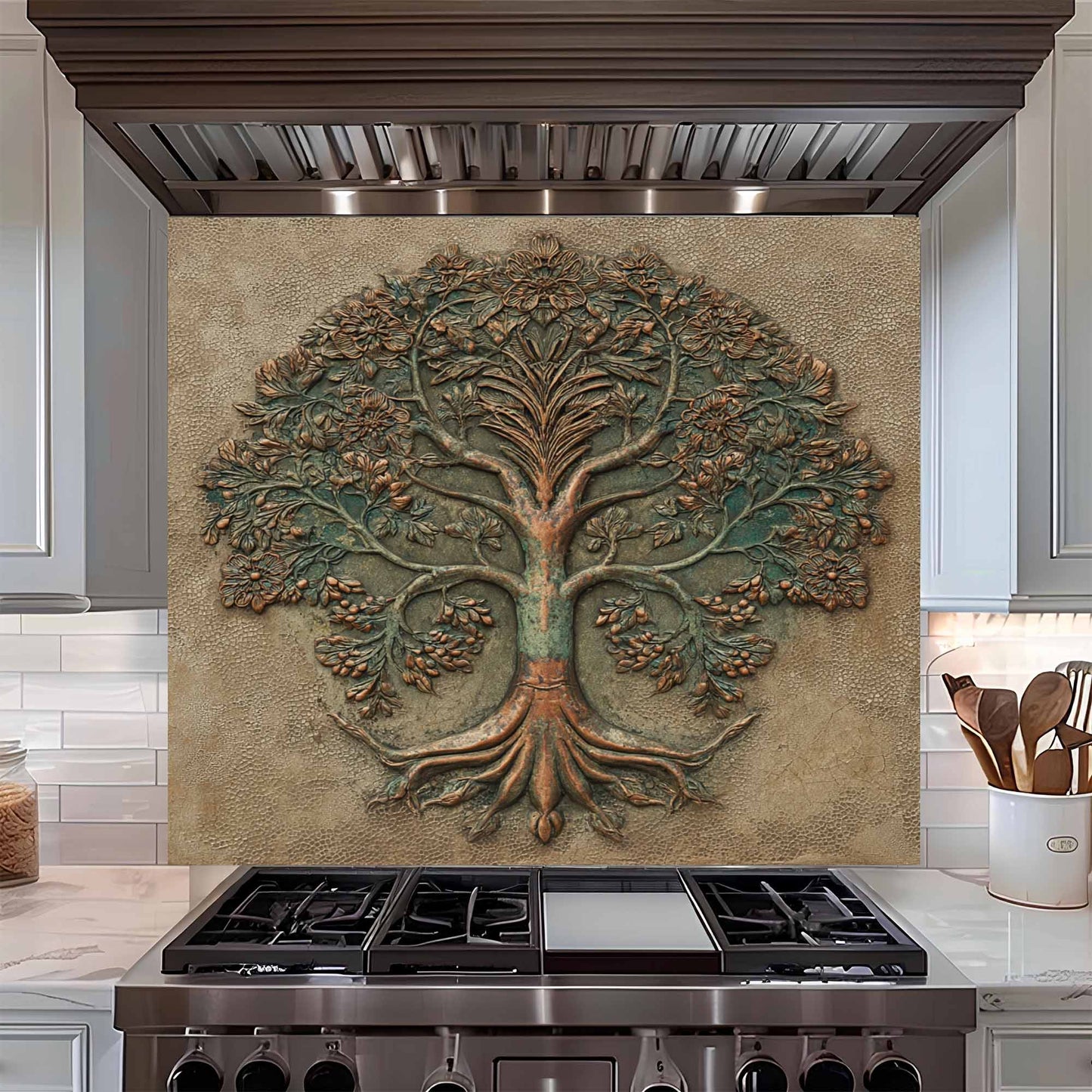Verdigris Bloom Kitchen Backsplash – Tree of Life Glass Backsplash for Stove