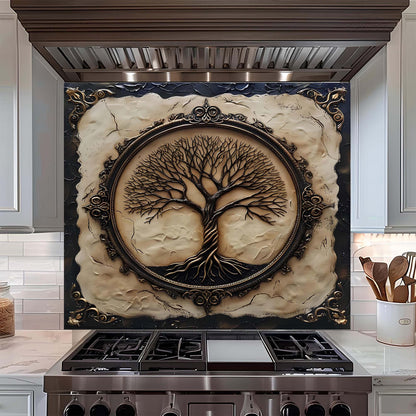 Vintage Rooted Tree Tempered Glass Backsplash - Behind Stove Backsplash