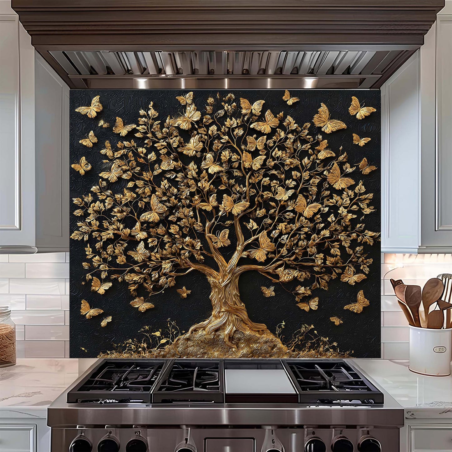 Custom Kitchen Backsplash – Golden Whisper Tempered Glass Stove Backsplash
