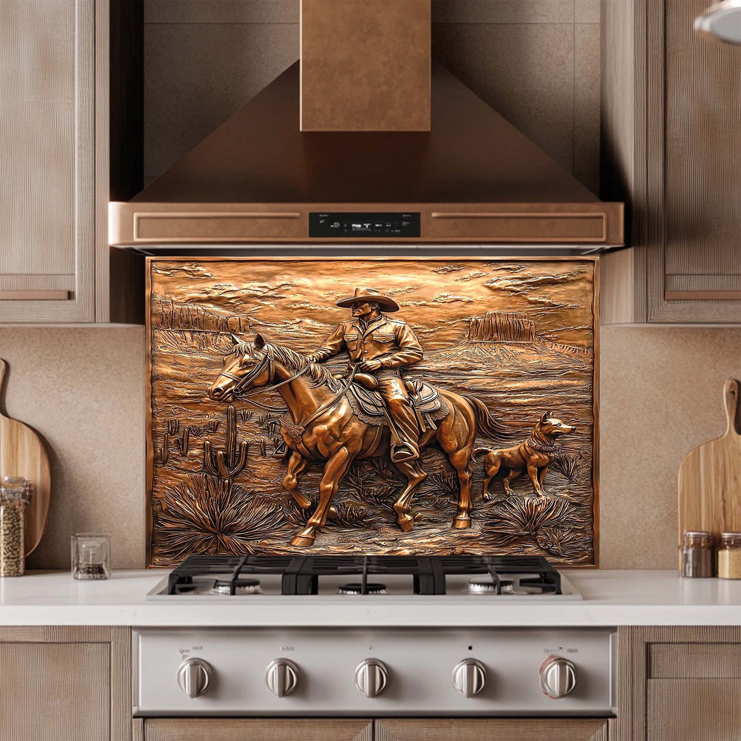 Cowboy Ride – Tempered Glass Backsplash for Kitchen | Horse Rider Copper Backsplash
