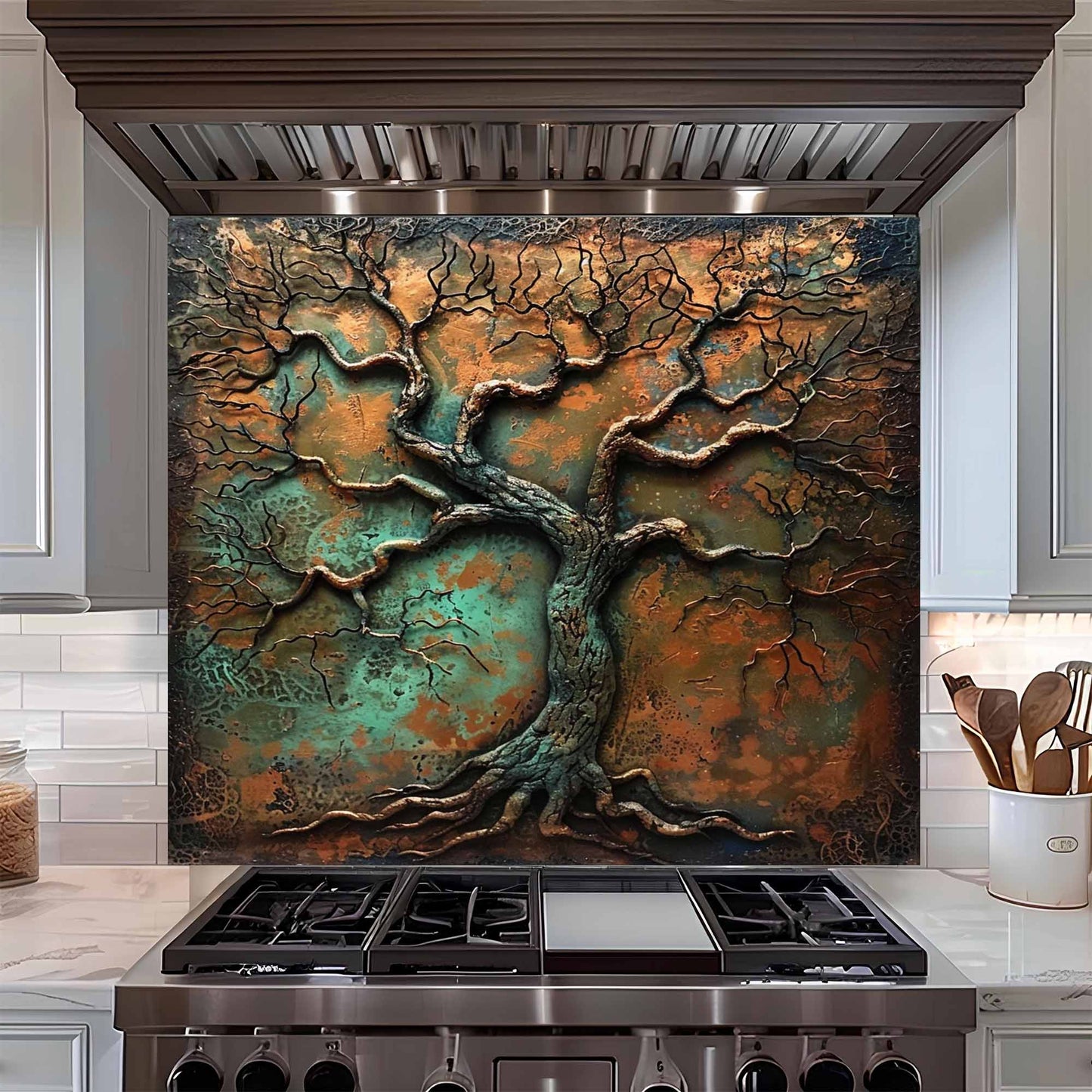 Rust Patina Tree Tempered Glass Backsplash – Kitchen Backsplash Behind Stove