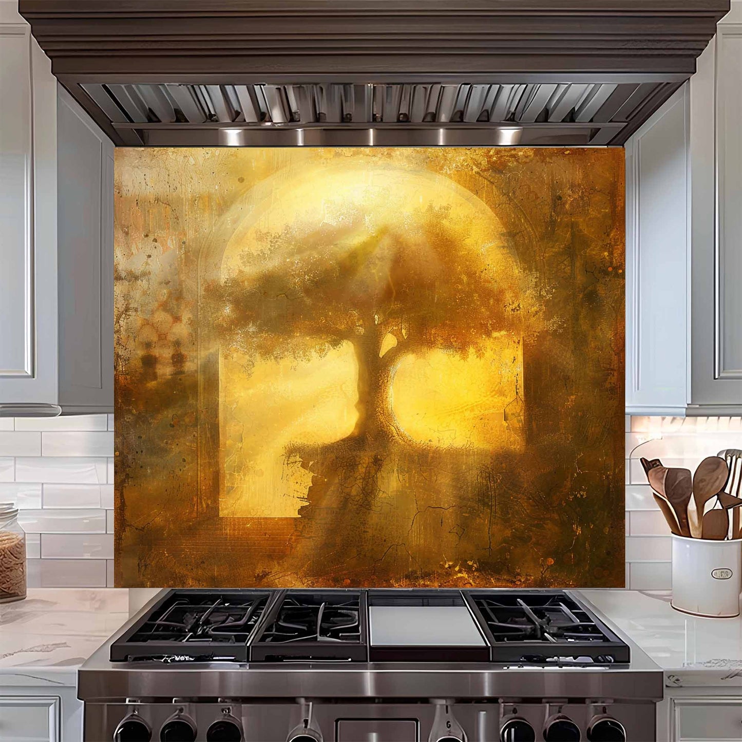 Golden Unity Tempered Glass Backsplash - Tree of Life Stove Backsplash