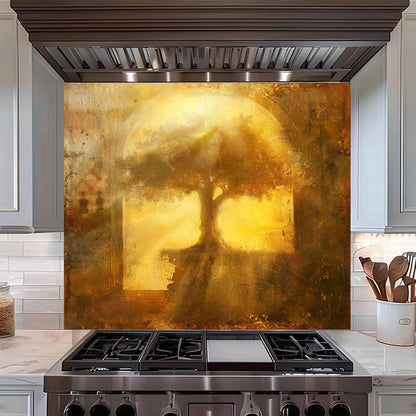 Golden Unity Tempered Glass Backsplash - Tree of Life Stove Backsplash