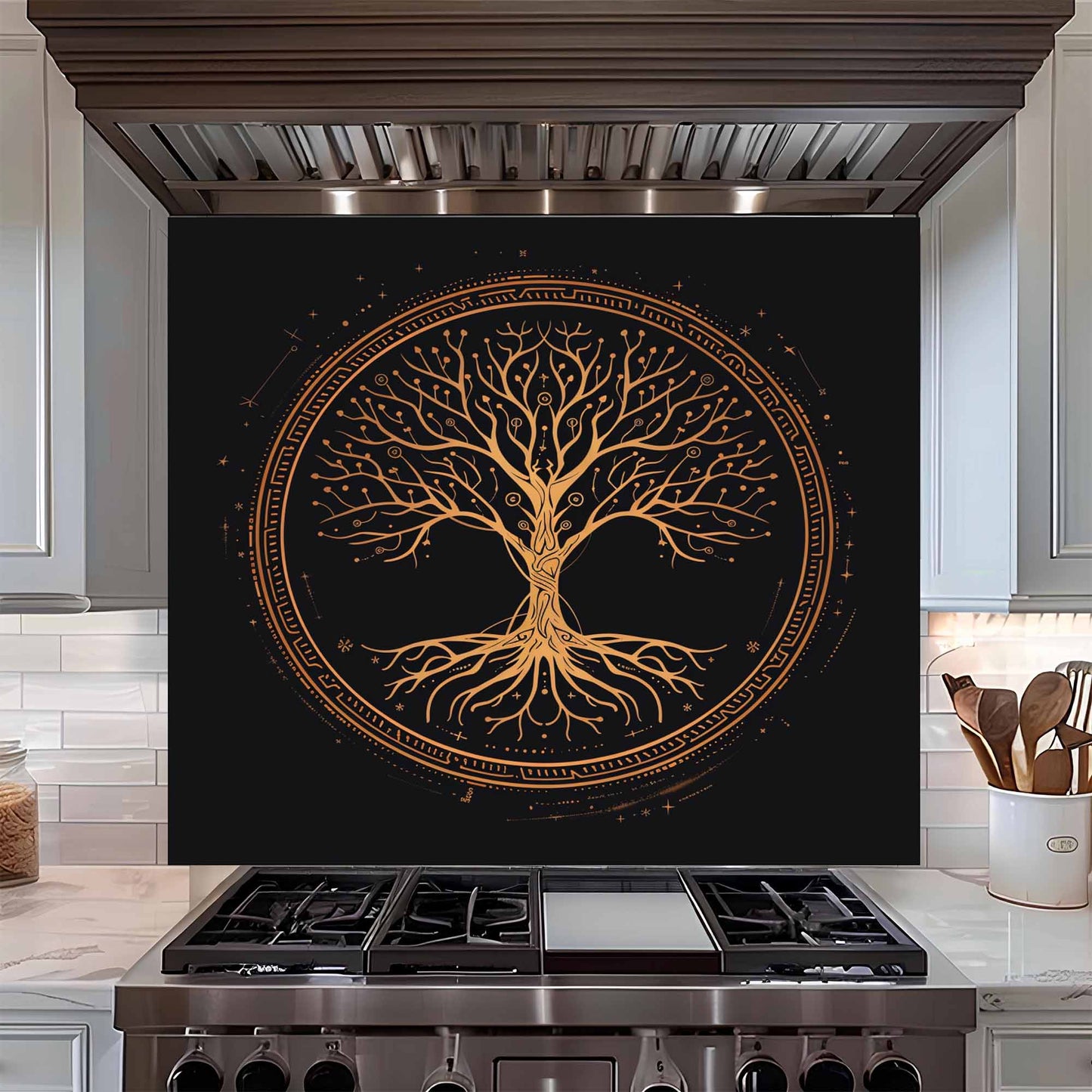 Mystic Gold Tree Kitchen Backsplash – Tempered Glass Backsplash Behind Stove