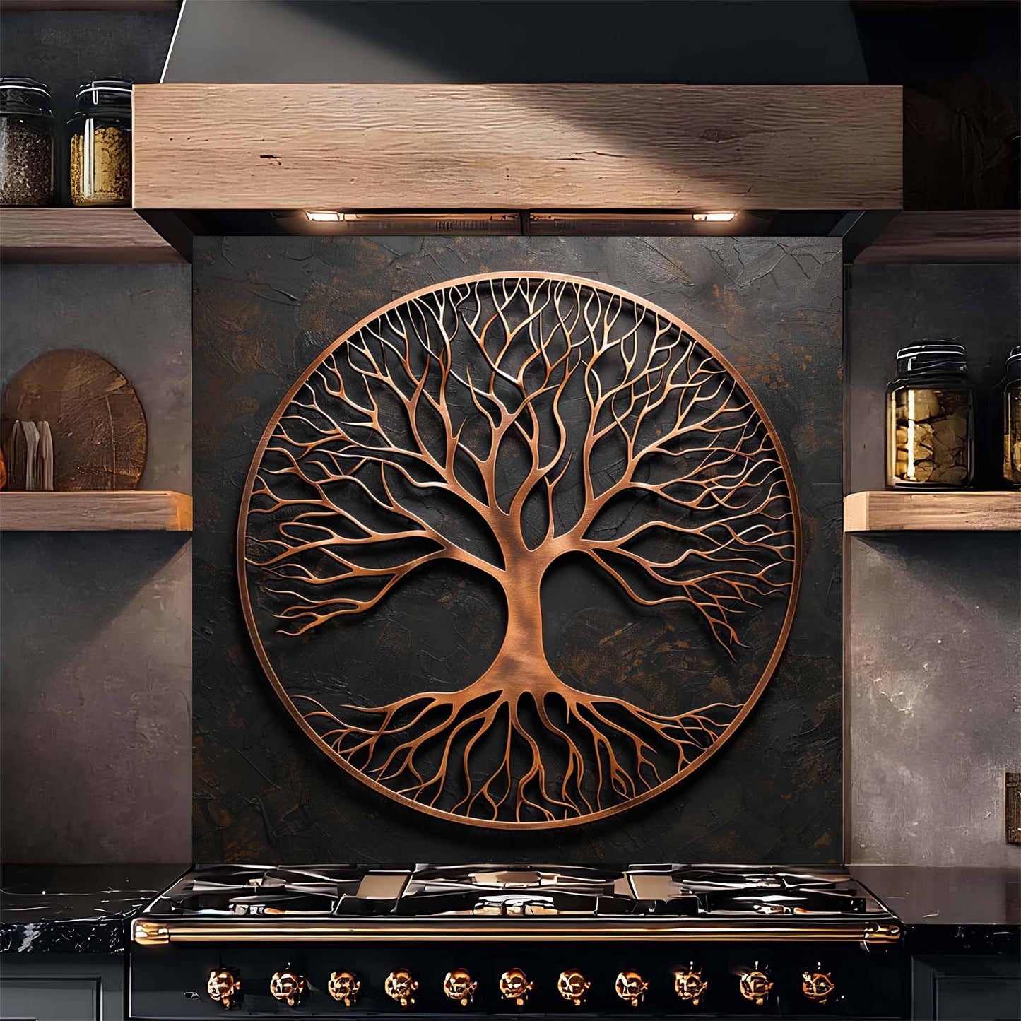 Brushed Roots Tempered Glass Backsplash – Copper Look Tree of Life Kitchen Backsplash