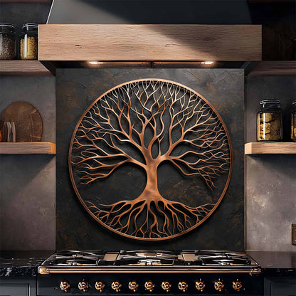 Brushed Roots Tempered Glass Backsplash – Copper Look Tree of Life Kitchen Backsplash
